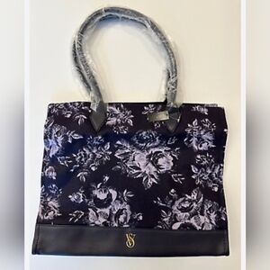 NWT VICTORIAS SECRET FLORAL BOOK WEEKENDER TOTE/TRAVEL BAG NAVY/PURPLE